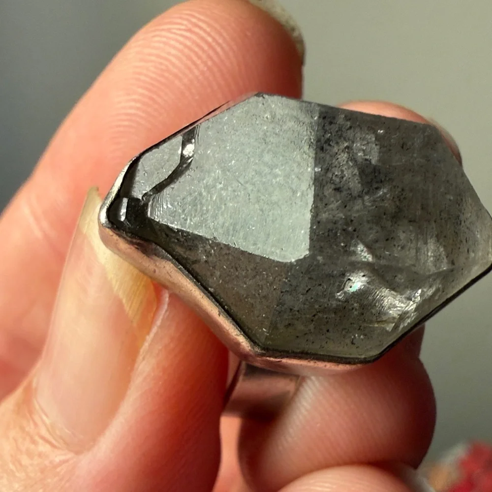 Sterling Silver Ring with Natural Gray Smokey Quartz Crystal